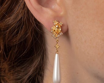Vintage Victorian Citrine Floral Teardrop Pearl Drop Earrings Antique Gold Baroque Dangle Earrings Bridal Wedding Jewelry Gift For Her