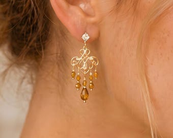Vintage Citrine Chandelier Earrings Gold Filigree Amber Teardrop Drop Earrings Bridal Dangle Earrings Wedding Bridesmaid Crystal Earring