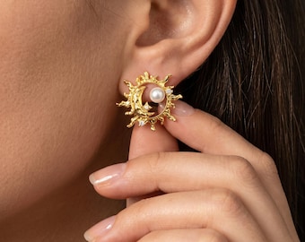 Himmlische Sonne Mond Perle Ohrstecker Gold Sunburst Halbmond Stern Kristall Ohrringe Brautschmuck Vintage Sonne Perle Geschenk für Sie
