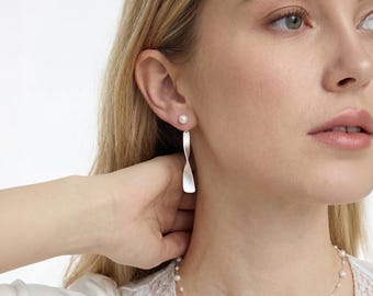 Matt Silber Twisted Bar Baumeln Ohrringe Perle Akzent Lange Ohrringe Minimalist Tropfen Hoop Ohrstecker Ohrringe Geschenk für Sie