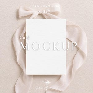 Event Invitation Card Mockup, Beige Flat Lay Scene Silk Fabric Ribbon, Baby Shower, Bridal Shower, Wedding, 5x7 PSD Smart Object - GM30