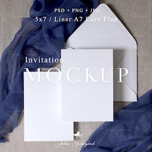 May include: A mockup featuring a white invitation card, envelope, and a blue fabric. The invitation card is rectangular, with the word "MOCKUP" in large white letters. The envelope has a Euro flap. The text "PSD + PNG + JPG" and "5x7 / Liner A7 Euro Flap" are visible.