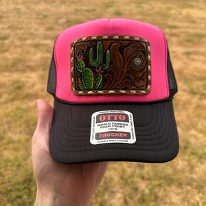 Hand Tooled Leather patch trucker hat hot pink and black mesh foam Otto brand cap laced stitched Cowboy Christmas NFR ready