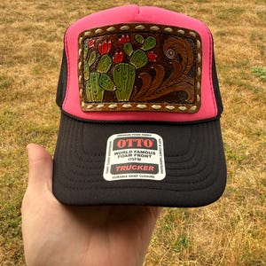 Hand Tooled Leather patch trucker hat hot pink and black mesh foam Otto brand cap laced stitched Cowboy Christmas NFR ready