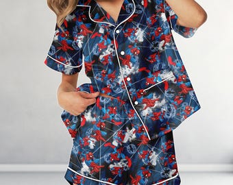Pijama casual de cetim do Homem-Aranha, viagem de cruzeiro da Disney, conjunto de pijama de super-herói, pijama unissex novo do Homem-Aranha para cruzeiro diurno, presente para ela.