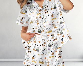 Disney Halloween Geist Pyjamas, Süßer Mickey Spooky Satin Pyjama Set, Kurzarm Nachtwäsche, Disneyworld Halloween Geschenk für Sie