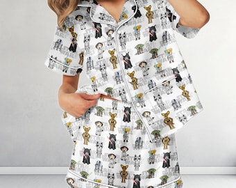 Süßer Star Wars Satin Pyjama, Chibi Star Wars Pjs, Kawaii Baby Yoda Darth Vader Nachtwäsche, Disney World Matching Loungewear Set
