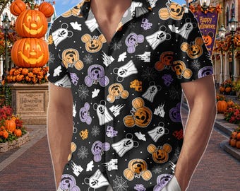 Mickey Pumpkin Hawaiian Shirt, Disney Ghost Halloween Shirt, Spooky Mickey Button Up, Disney World Beach Shirt, Halloween Vacation Shir