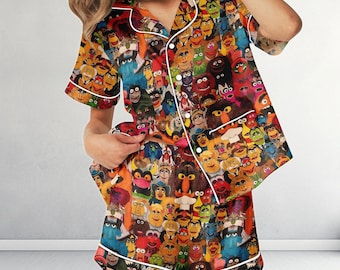 The Muppets Show Pyjamas, Kermit Der Frosch Miss Piggy Satin Pyjama Set, Retro Cartoon Nachtwäsche, nostalgisches Geschenk für Sie, Magic Kingdom