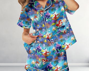 Ariel Little Mermaid Satin Pajamas, Disney Princess Short Pjs Set, Ocean Under The Sea Sleepwear, Cute Summer Pajamas, Gift For Mom