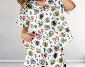 Süßer Star Wars Herzen Pyjama, Grogu Baby Yoda Satin Pyjama Set, süße Starwars Nachtwäsche, Disneyland Urlaub Pjs, Geschenk für Sie