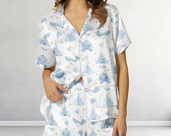 Cinderella Satin Pyjama Set, Disney Prinzessinnen Nachtwäsche, Blaue Märchen Pyjama Shorts, Treff mich um Mitternacht Pjs, Süßes Geschenk für Frauen