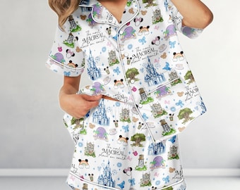 Pijama unisex de satén con diseño de castillo mágico en tonos pastel, conjunto de pijama de castillo Disney, conjunto de pijama del Reino Mágico de Disney, regalo de pijama de Disneyland, Disney World