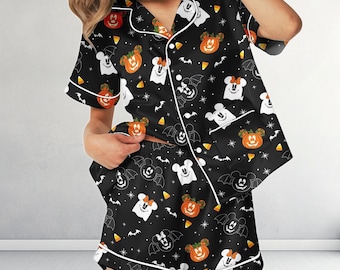 Disney Halloween Satin Pajamas, Black Pumpkin Ghost Mickey Pajama Set, Silk Short Sleepwear, Spooky Season Loungewear, Disney Gift