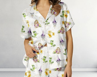 Disney Rapunzel Satin Pyjama Set, Verhedderte Prinzessin Shorts Pyjamas, Disney Rapunzel Frauen Nachtwäsche, Geschenk für sie, Disney Pyjama Geschenk