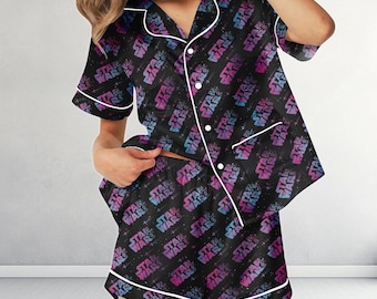 Star Wars Satin-Pyjamas, Neon Star Wars Pjs, Galaxy Sci-Fi Nachtwäsche Set, Passende Star Wars Loungewear, Retro Star Wars Geschenk für Sie