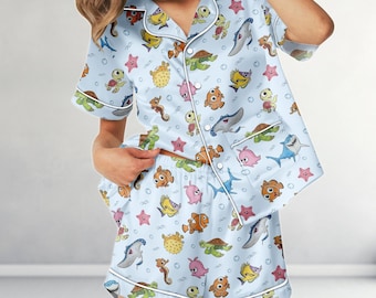 Süßer Nemo Findet Dory Satin Pyjamas, Ozean Meerestier Kurze Pjs Set, Disney Sea Pyjamas, Sommer Nachtwäsche Geschenk für Sie, Geschenk für Mama