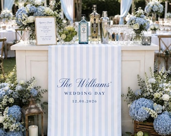Personalized Linen Bar Runner, Wedding Reception Bar Decor, Custom Family Name Runner, Bridal Shower Decoration, Wedding Day Sign