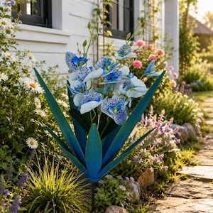 Orchid Garden Stake | Metal Flower Yard Art | Outdoor Lawn Decor | Agave Flower Sculpture | Garden Gift for Mom