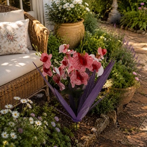 Peut inclure: Scène de jardin avec une sculpture de fleur en métal violet et des fleurs tachetées de rouge et de blanc. La sculpture est entourée de verdure, de plantes en pot et d'un sentier en pierre. Un fauteuil en osier avec un coussin floral est visible.