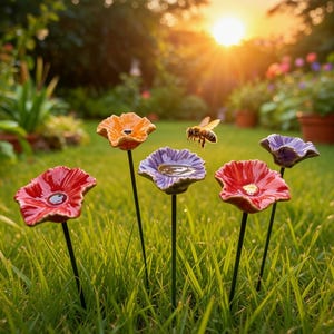 May include: A selection of vibrant ceramic flower garden ornaments in red, orange, and purple, set in a grassy lawn. A bee is seen flying near the flowers, with the sun setting in the background.