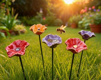 Juego de 4 comederos de cerámica para abejas | Estaca para jardín | Regalo para amantes de las abejas | Decoración de jardín hecha a mano | Comedero para polinizadores al aire libre | Yard ArtWatching