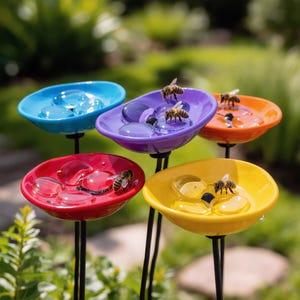 Puede incluir: Una colección de cinco bebederos para abejas de colores en azul, morado, naranja, rojo y amarillo. Cada bebedero tiene un plato poco profundo con piedras de vidrio transparente y está montado sobre un tallo de metal negro. Hay abejas presentes en varios bebederos.