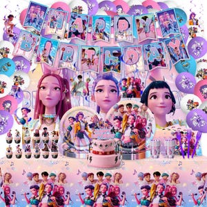 May include: A birthday party set with a pink and purple theme. The set includes a banner that says "HAPPY BIRTHDAY", balloons, plates, cups, a cake, and cupcakes. The decorations feature animated characters.