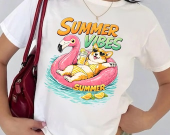 Summer Vibes PNG, Funny Dog Float Design, Cute Corgi Summer Shirt, Flamingo Pool Float, Beach Vacation Funny Sublimation PNG