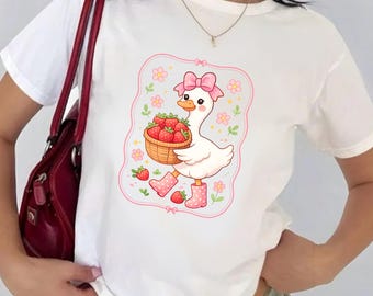 Strawberry Goose PNG, Cute Duck Clipart, Coquette Aesthetic Design, Pink Bow Goose, Cottagecore Strawberry Girl, Sublimation Shirt PNG