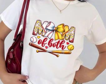 Baseball Softball Mom Shirt PNG, Mom of Both Design, Sports Mom Sublimation, Baseball Bat Ball Bow Graphic, Game Day Shirt PNG