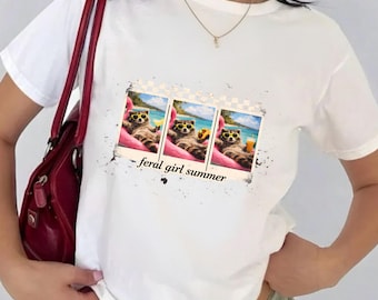 Feral Girl Summer PNG, Funny Raccoon Beach Design, Retro Summer Aesthetic Shirt, Pool Float Raccoon, Vintage Summer Vacation Sublimation