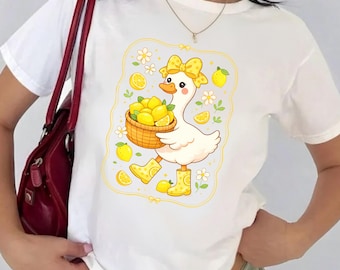 Lemon Goose PNG, Cute Duck Clipart, Coquette Lemon Aesthetic, Yellow Bow Goose Design, Cottagecore Summer Fruit, Sublimation Shirt PNG