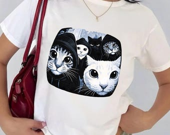 Hooded Cat Shirt PNG, Cool Cat Gang Design, Black White Cats Graphic Tee, Funny Cat Lover Gift, Aesthetic Streetwear Cat Art, Unisex Tee