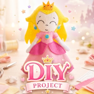 May include: A felt plush doll featuring yellow hair, a small orange crown, and a pink dress with a blue circular accent. The doll is centered above a graphic label that reads DIY PROJECT in pink and white letters with a small gold crown icon above it.