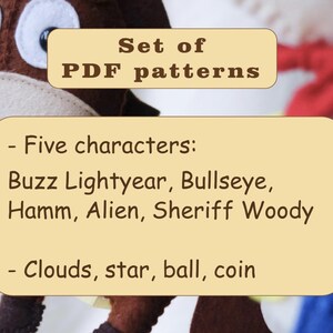 May include: A close-up of a brown and beige plush toy with large black eyes. The image includes text that reads "Set of PDF patterns" and lists five characters: Buzz Lightyear, Bullseye, Hamm, Alien, Sheriff Woody.