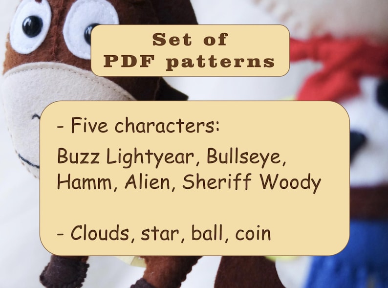 May include: A close-up of a brown and beige plush toy with large black eyes. The image includes text that reads "Set of PDF patterns" and lists five characters: Buzz Lightyear, Bullseye, Hamm, Alien, Sheriff Woody.