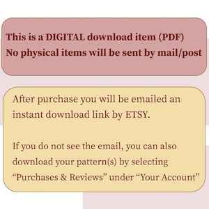 May include: Two rectangular text boxes on a light pink background. The top box is maroon and states, "This is a DIGITAL download item (PDF). No physical items will be sent by mail/post." The bottom box is yellow and provides download instructions.