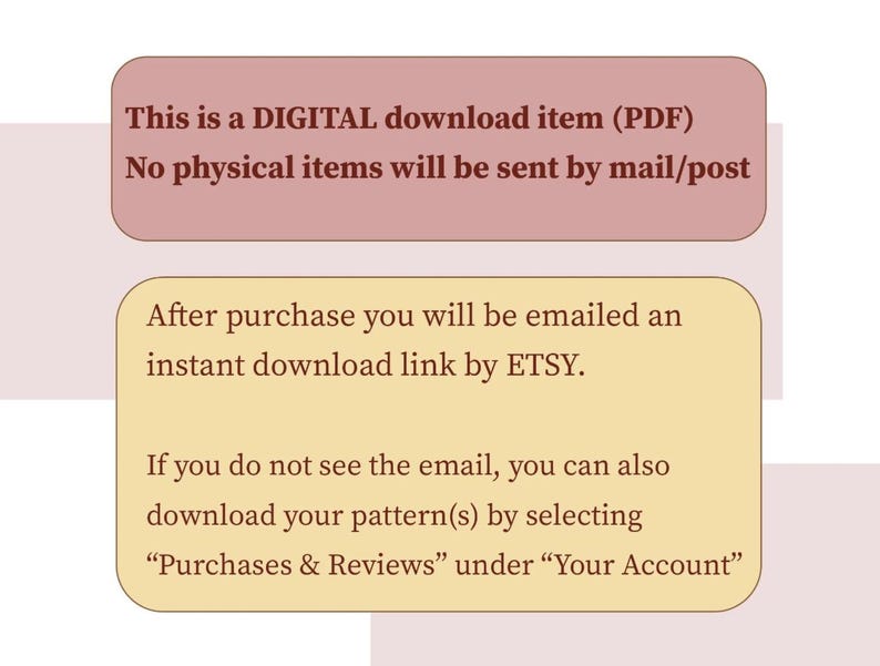 May include: Two rectangular text boxes on a light pink background. The top box is maroon and states, "This is a DIGITAL download item (PDF). No physical items will be sent by mail/post." The bottom box is yellow and provides download instructions.
