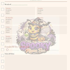 May include: A cream-colored meal planning journal for picky eaters with a weekly layout. The page features a central illustration of a bee dressed as a witch holding a potion and a pumpkin, with the text Spooky Mama Bee and Halloween motifs.