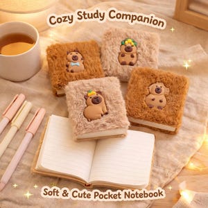 May include: A selection of fluffy pocket notebooks with animal designs. The notebooks are in shades of brown and beige, with open, lined pages. The image also shows pens and a cup of tea, creating a cozy atmosphere.