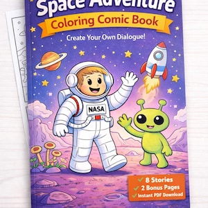 May include: A children's "Space Adventure Coloring Comic Book" featuring an astronaut and alien. The cover shows a rocket, planets, and stars. Text includes "Create Your Own Dialogue!" and "NASA".