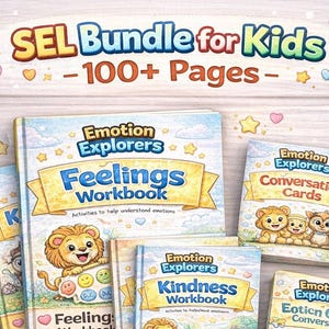 Può includere: Una collezione di materiali didattici per bambini, tra cui quaderni di lavoro e carte di conversazione, con titoli come "Feelings Workbook" e "Kindness Workbook". I prodotti presentano illustrazioni di animali dei cartoni animati e il testo "SEL Bundle for Kids - 100+ Pages -."