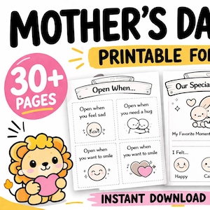 Può includere: Un regalo per la festa della mamma stampabile per bambini, con pagine con richieste come "Apri quando..." e "Atti di gentilezza per la mamma". Include un leone che tiene un cuore, con il testo "30+ PAGINE" e "DOWNLOAD IMMEDIATO • STAMPA E REGALA".