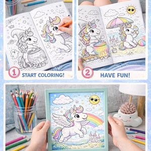 May include: A step-by-step guide to coloring a unicorn-themed picture. The image shows a coloring book with a unicorn, a witch hat, and a cauldron. The steps are: start coloring, have fun, and display your art. Colored pencils are also shown.