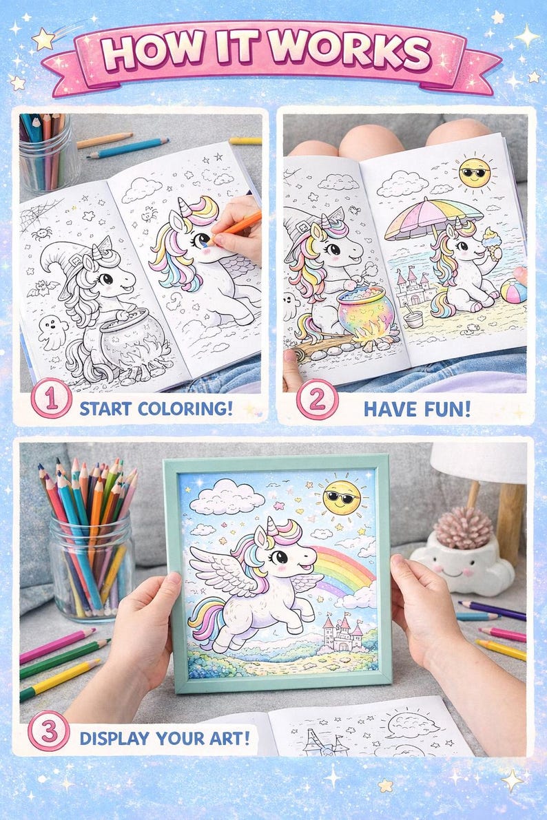 May include: A step-by-step guide to coloring a unicorn-themed picture. The image shows a coloring book with a unicorn, a witch hat, and a cauldron. The steps are: start coloring, have fun, and display your art. Colored pencils are also shown.