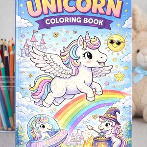 May include: A unicorn coloring book with a blue cover featuring a cartoon unicorn with rainbow hair and wings, flying over a rainbow. The cover also shows a sun with sunglasses, castles, and the text "UNICORN COLORING BOOK".
