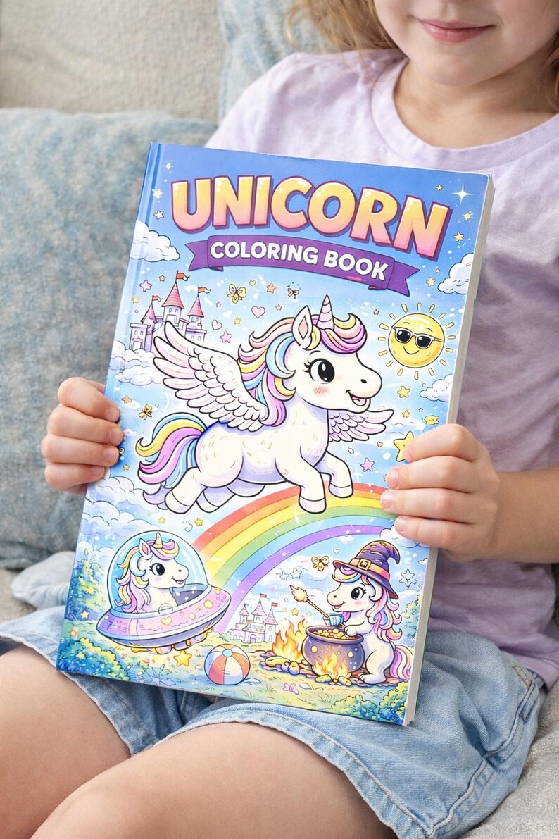 May include: A colorful unicorn coloring book with the title "UNICORN COLORING BOOK" on the cover. The cover features a winged unicorn, a rainbow, a smiling sun, and other whimsical illustrations. The book is held by a person.