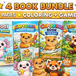 Animal Coloring Book Bundle for Kids Printable, Axolotl Capybara Red Panda Activity Books, 80+ Pages Coloring and Games, Kids Printable PDF