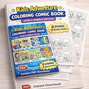 Pode incluir: Um livro de banda desenhada para colorir Kids Adventure com uma capa azul e o texto "Speech Bubble Edition". A capa apresenta personagens de desenhos animados e o texto "8 histórias + 2 páginas bónus". Inclui download PDF.